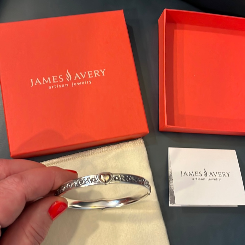 James Avery Retired Sterling Silver & 14Kt Gold Heart, Flower Bangle Bracelet